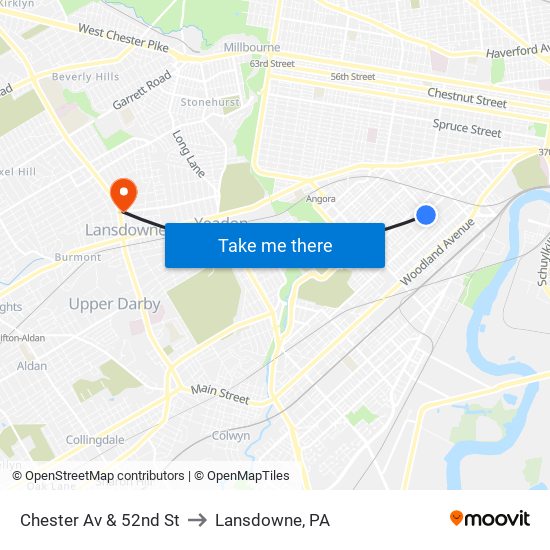 Chester Av & 52nd St to Lansdowne, PA map