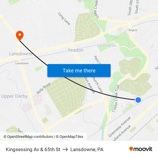 Kingsessing Av & 65th St to Lansdowne, PA map