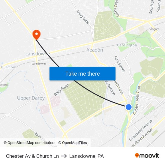 Chester Av & Church Ln to Lansdowne, PA map
