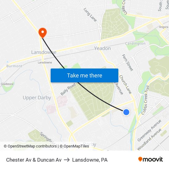 Chester Av & Duncan Av to Lansdowne, PA map