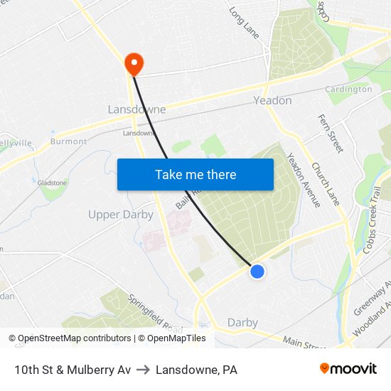 10th St & Mulberry Av to Lansdowne, PA map