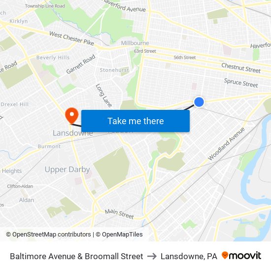 Baltimore Avenue & Broomall Street to Lansdowne, PA map