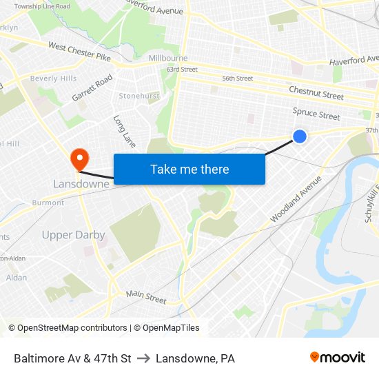Baltimore Av & 47th St to Lansdowne, PA map