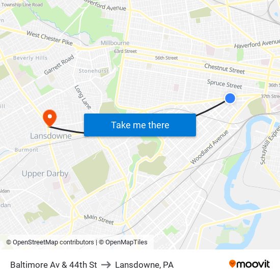 Baltimore Av & 44th St to Lansdowne, PA map