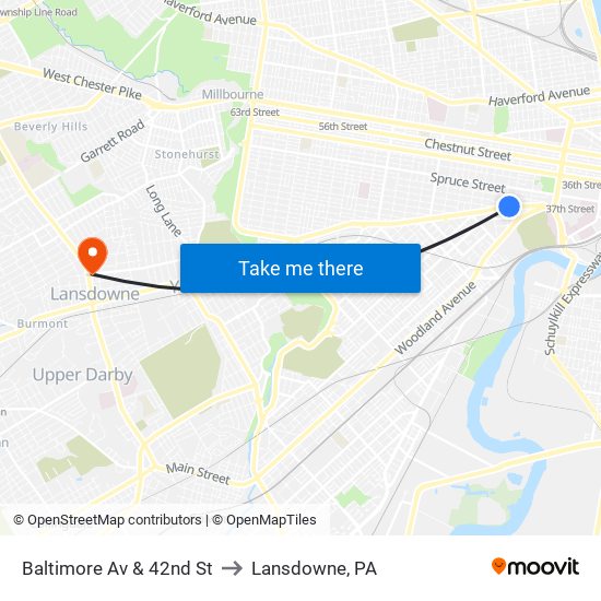 Baltimore Av & 42nd St to Lansdowne, PA map