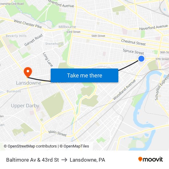 Baltimore Av & 43rd St to Lansdowne, PA map