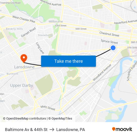 Baltimore Av & 44th St to Lansdowne, PA map