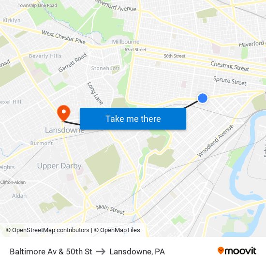 Baltimore Av & 50th St to Lansdowne, PA map