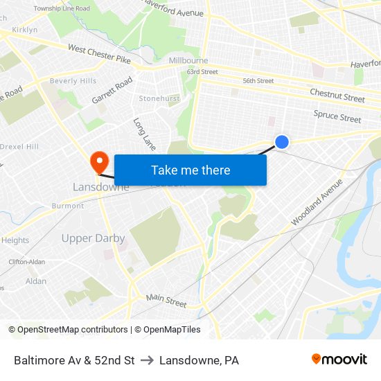 Baltimore Av & 52nd St to Lansdowne, PA map