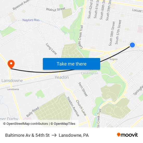 Baltimore Av & 54th St to Lansdowne, PA map