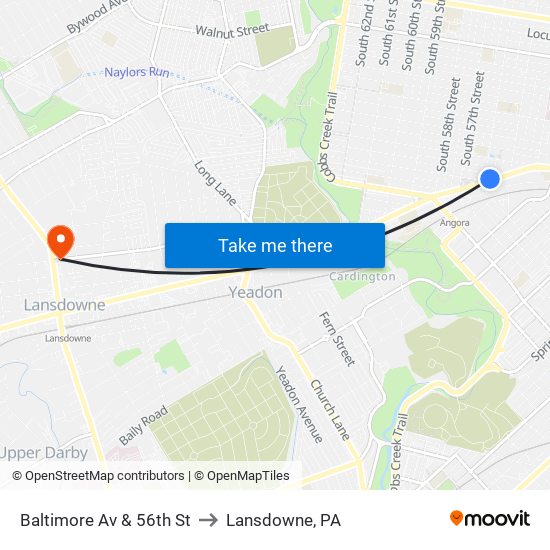 Baltimore Av & 56th St to Lansdowne, PA map