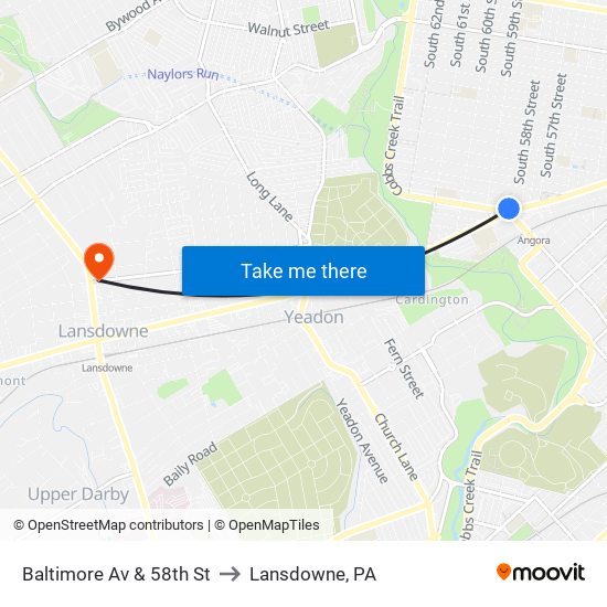 Baltimore Av & 58th St to Lansdowne, PA map