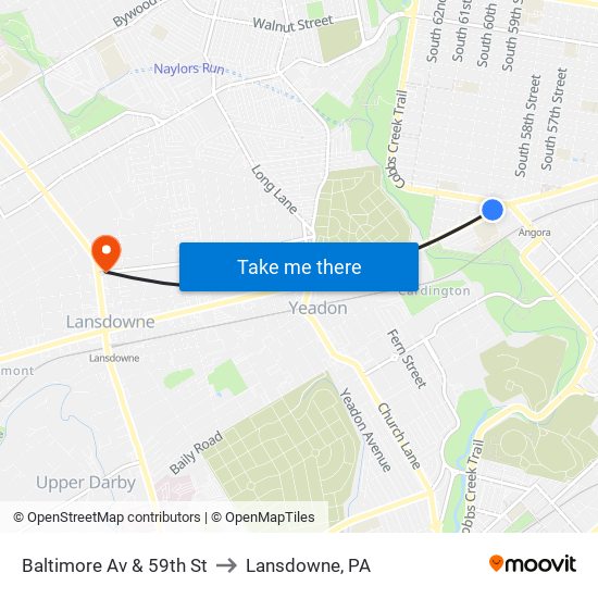 Baltimore Av & 59th St to Lansdowne, PA map
