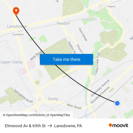Elmwood Av & 69th St to Lansdowne, PA map