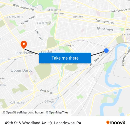 49th St & Woodland Av to Lansdowne, PA map