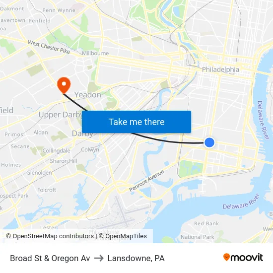 Broad St & Oregon Av to Lansdowne, PA map