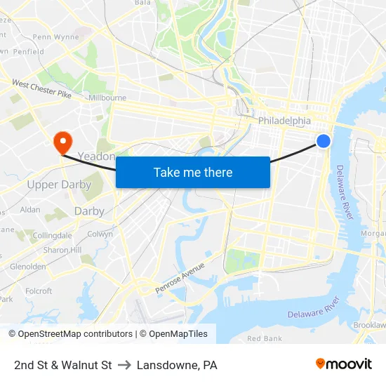 2nd St & Walnut St to Lansdowne, PA map