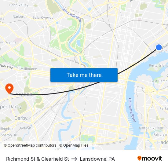 Richmond St & Clearfield St to Lansdowne, PA map