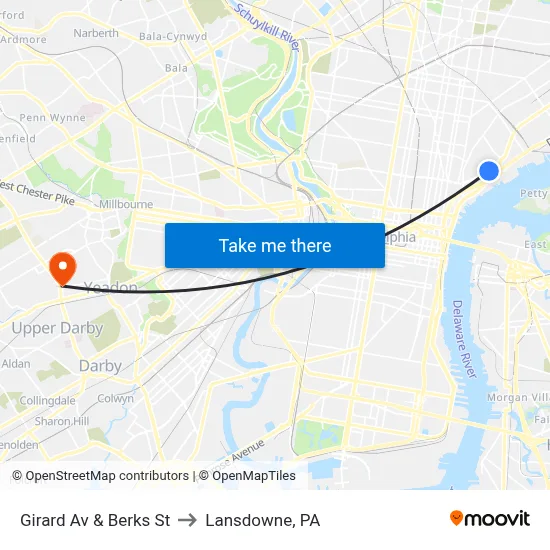 Girard Av & Berks St to Lansdowne, PA map