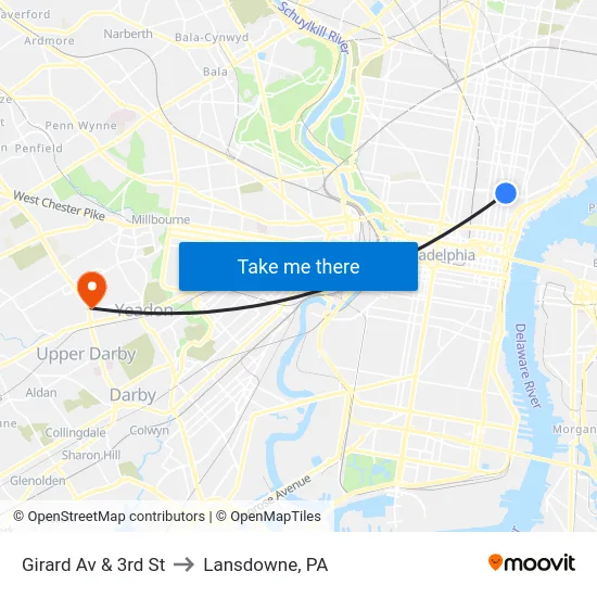 Girard Av & 3rd St to Lansdowne, PA map