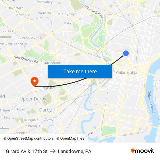 Girard Av & 17th St to Lansdowne, PA map