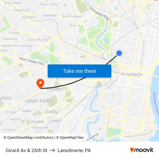 Girard Av & 26th St to Lansdowne, PA map