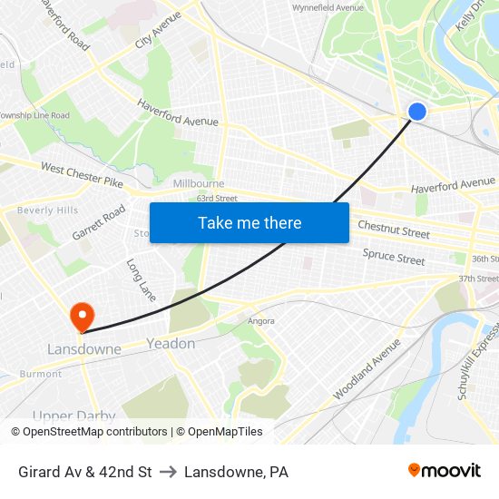 Girard Av & 42nd St to Lansdowne, PA map