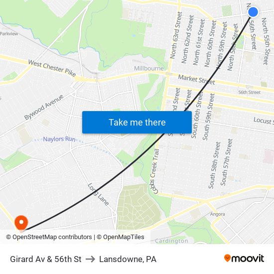 Girard Av & 56th St to Lansdowne, PA map