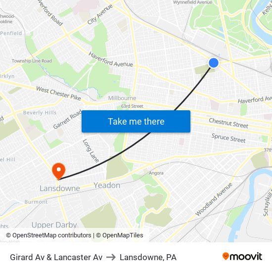 Girard Av & Lancaster Av to Lansdowne, PA map