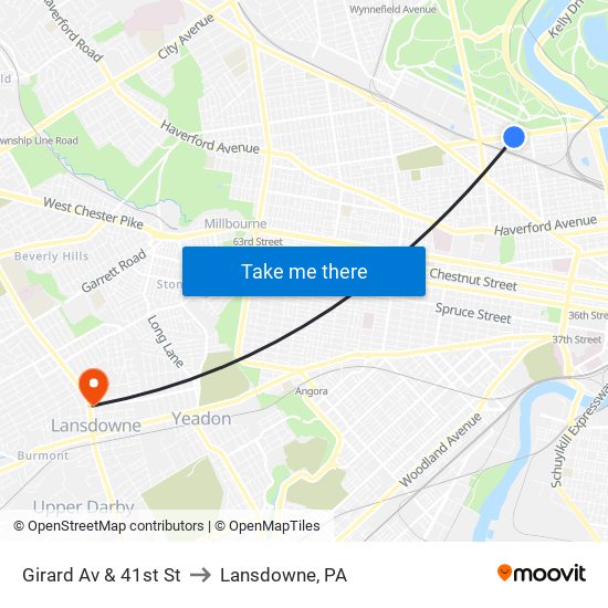 Girard Av & 41st St to Lansdowne, PA map