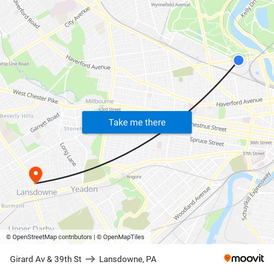 Girard Av & 39th St to Lansdowne, PA map