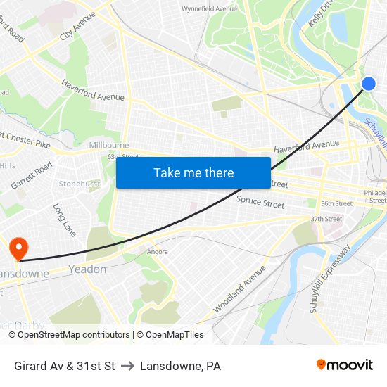 Girard Av & 31st St to Lansdowne, PA map