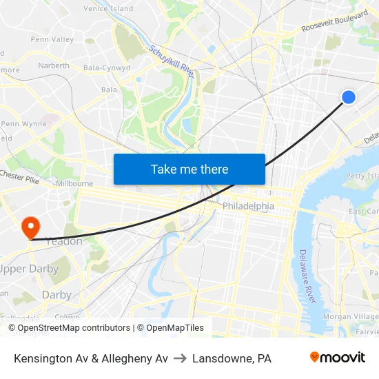 Kensington Av & Allegheny Av to Lansdowne, PA map