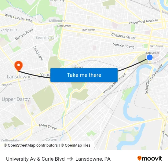 University Av & Curie Blvd to Lansdowne, PA map