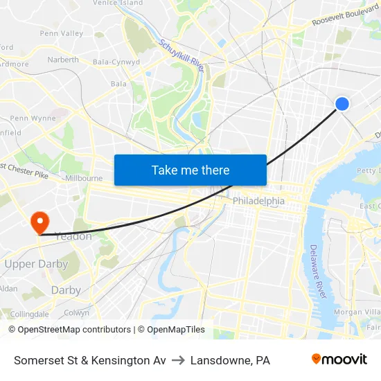 Somerset St & Kensington Av to Lansdowne, PA map
