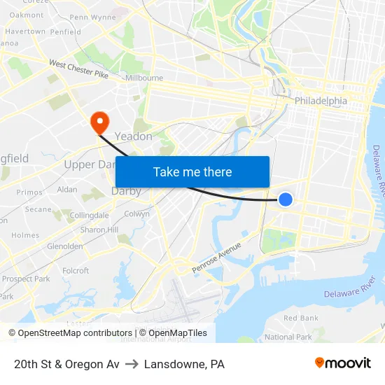 20th St & Oregon Av to Lansdowne, PA map