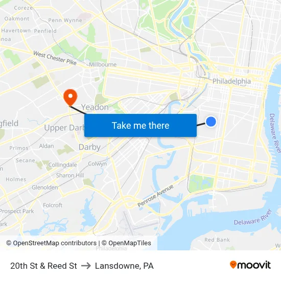20th St & Reed St to Lansdowne, PA map