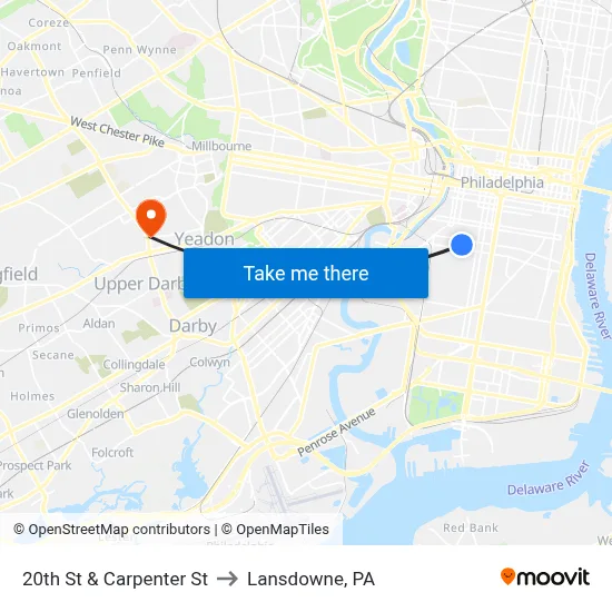 20th St & Carpenter St to Lansdowne, PA map