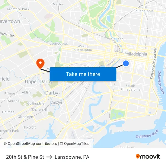 20th St & Pine St to Lansdowne, PA map