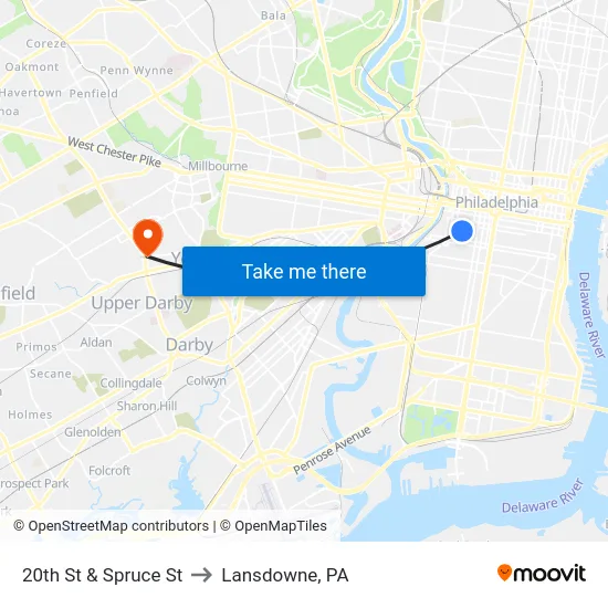 20th St & Spruce St to Lansdowne, PA map