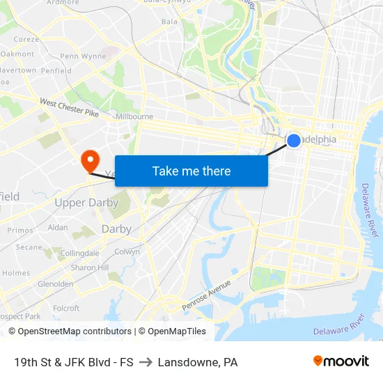 19th St & JFK Blvd - FS to Lansdowne, PA map