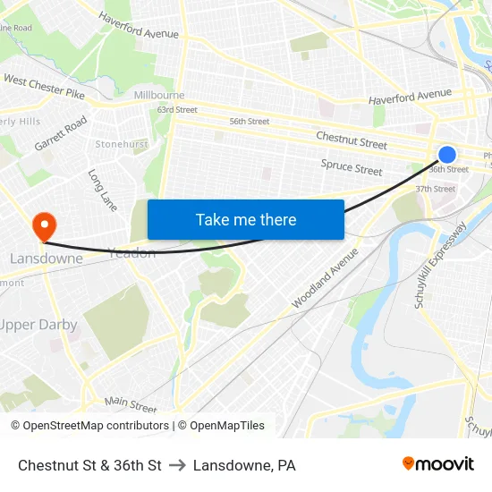 Chestnut St & 36th St to Lansdowne, PA map