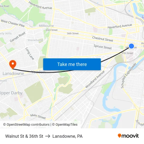 Walnut St & 36th St to Lansdowne, PA map