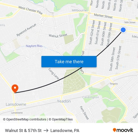 Walnut St & 57th St to Lansdowne, PA map