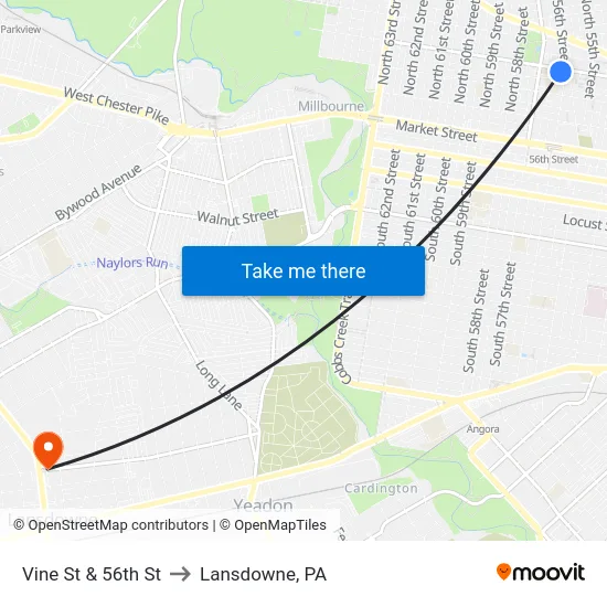 Vine St & 56th St to Lansdowne, PA map
