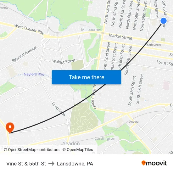 Vine St & 55th St to Lansdowne, PA map