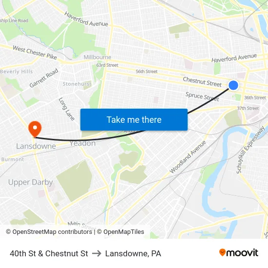 40th St & Chestnut St to Lansdowne, PA map