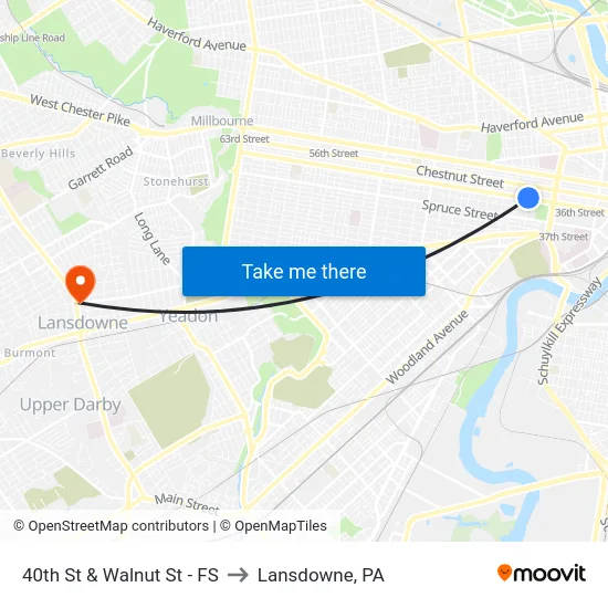 40th St & Walnut St - FS to Lansdowne, PA map