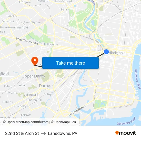 22nd St & Arch St to Lansdowne, PA map