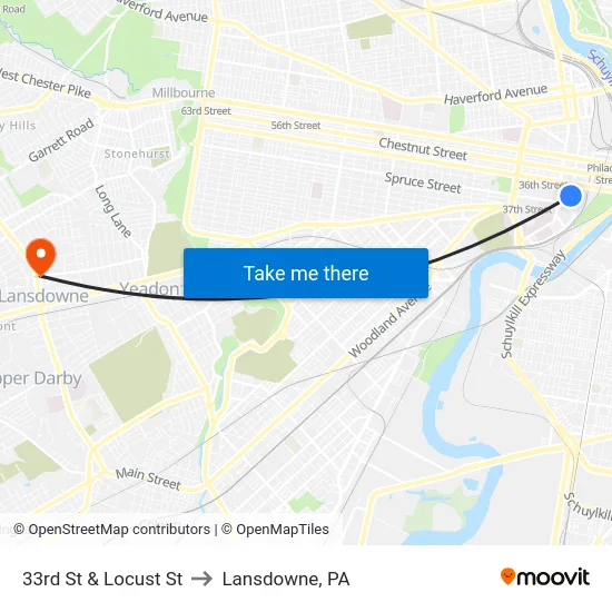 33rd St & Locust St to Lansdowne, PA map